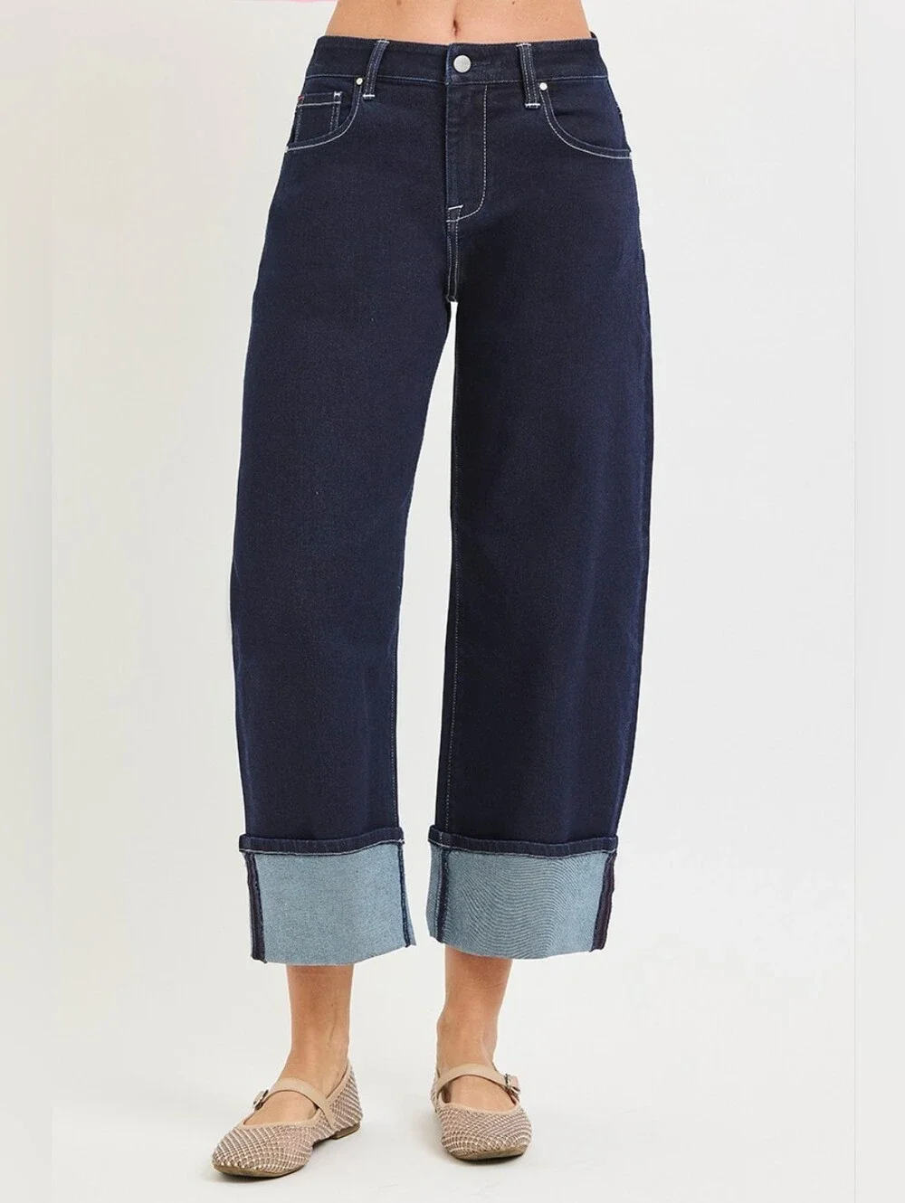 RISEN Deep Dark Wash Cuffed Barrel Jeans Cropped Stretch Classic Various NEW - Picture 6 of 15